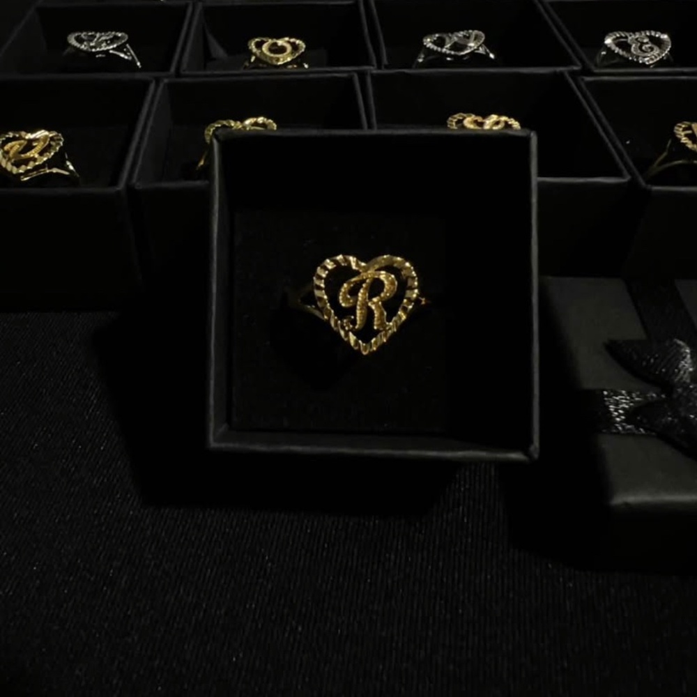 Initial Heart Adjustable Gold Ring Letter R